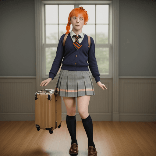 AI generated: masterpiece, mid shot, arafly dressed woman with orange hair and a suitcase, a portrait inspired by ...