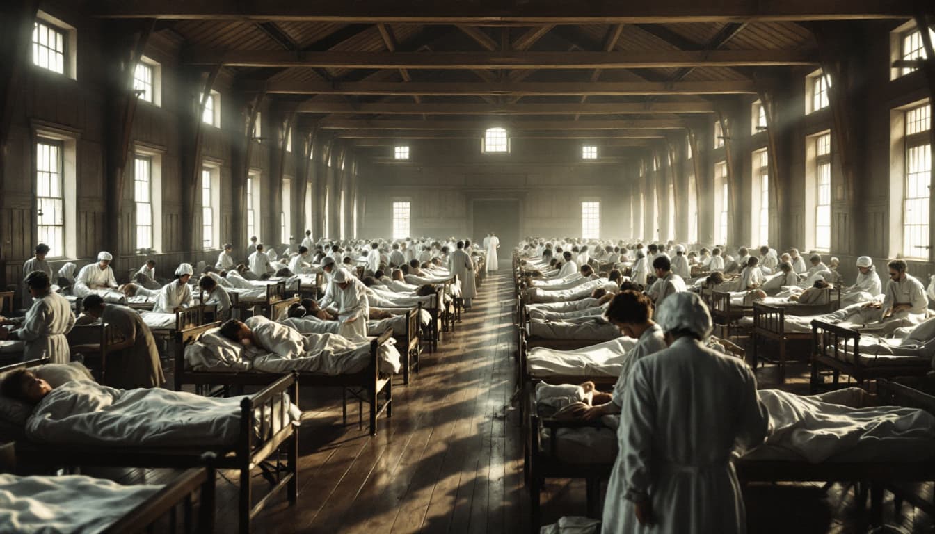 AI generated: Historical scene of a large 1918 influenza pandemic hospital ward, a vast wooden hall with rows of s...