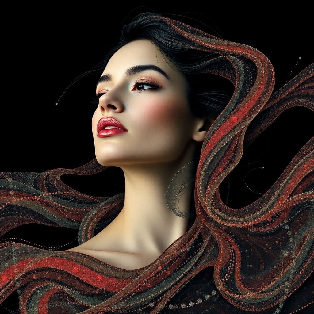 AI generated: Surreal Breathtaking portrait, photorealistic elegant woman, flowing textures & textiles, dynamic fl...