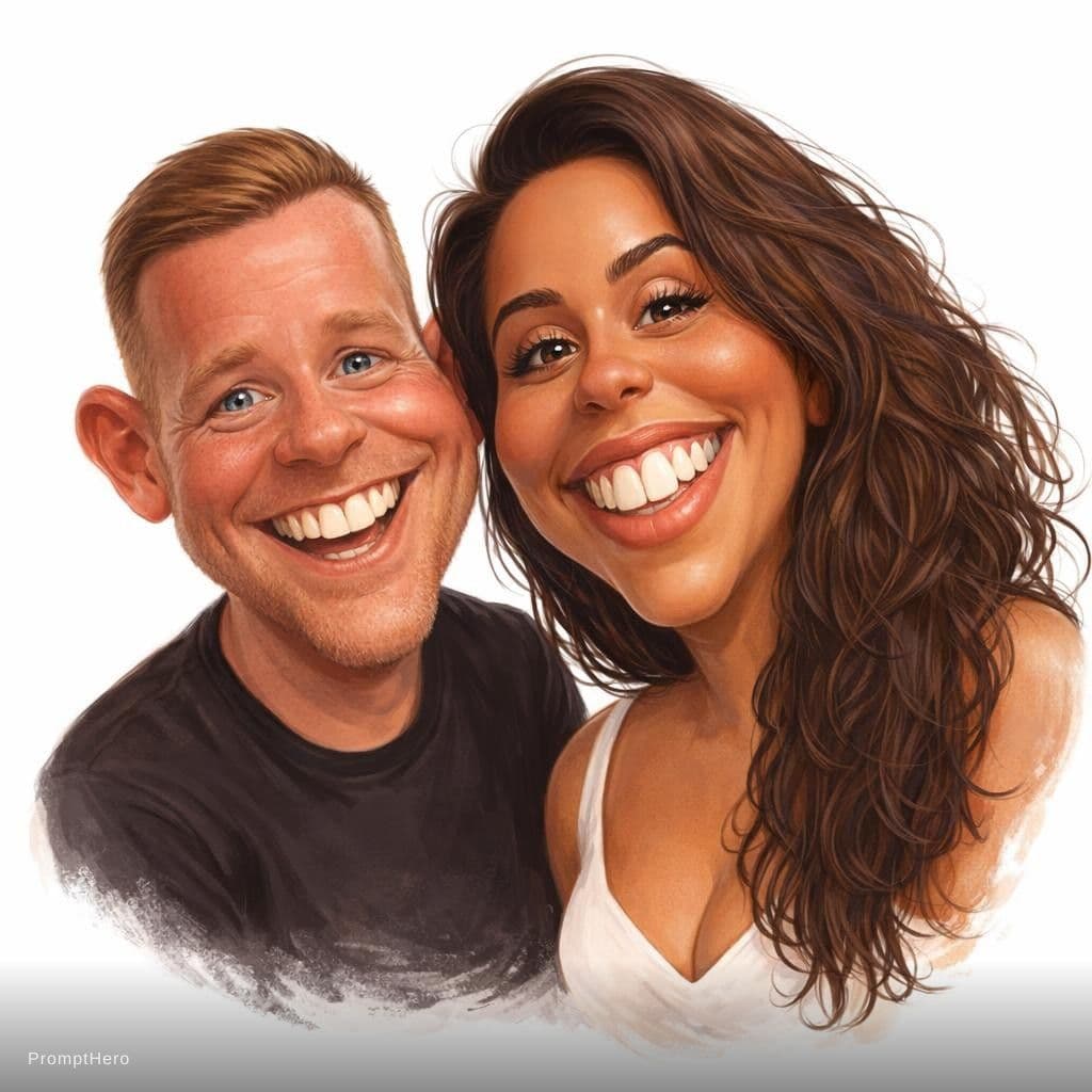 AI generated: funny caricature, adult man and woman (input Image), mid-30's, big cartoonish head, exaggerated cari...