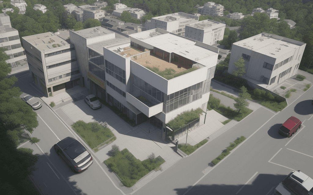 AI generated: ((A commercial center)),*curve concept, have four entrance steps, view to the forest, next to the ma...