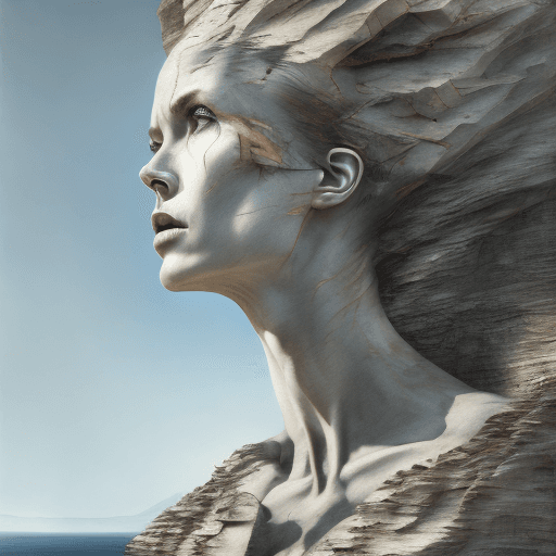 AI generated: art statue in cliffs, in the style of realistic hyper-detailed portraits, cryengine, detailed facial...