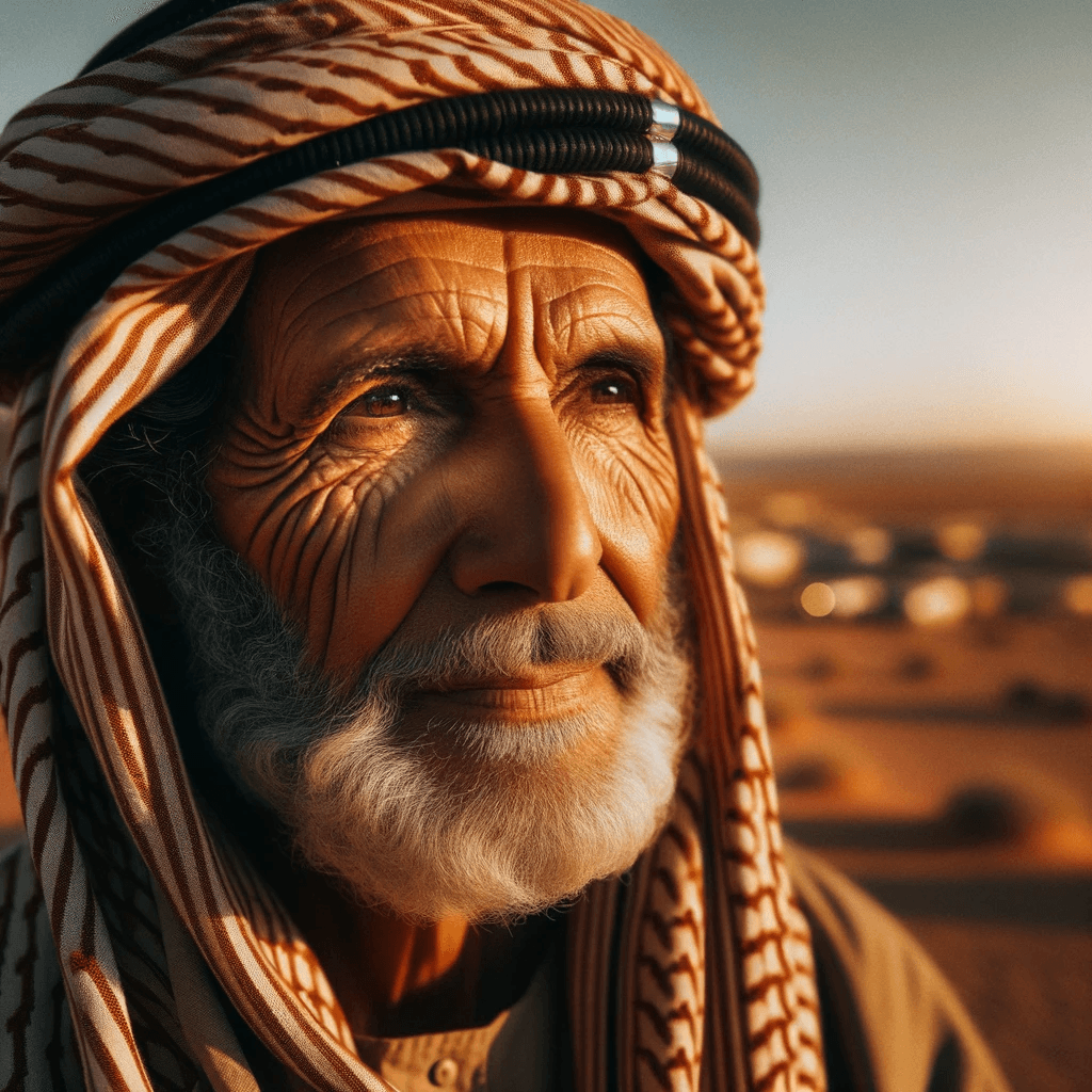 AI generated: A photograph of an old man with deep wrinkles, wearing a traditional Middle Eastern headpiece, his w...