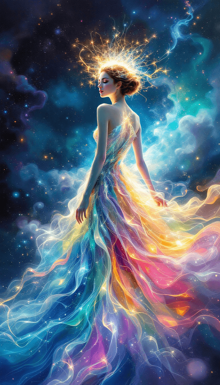 AI generated: A captivating acrylic painting of an abstract female figure adorned in a breathtaking dress, crafted...