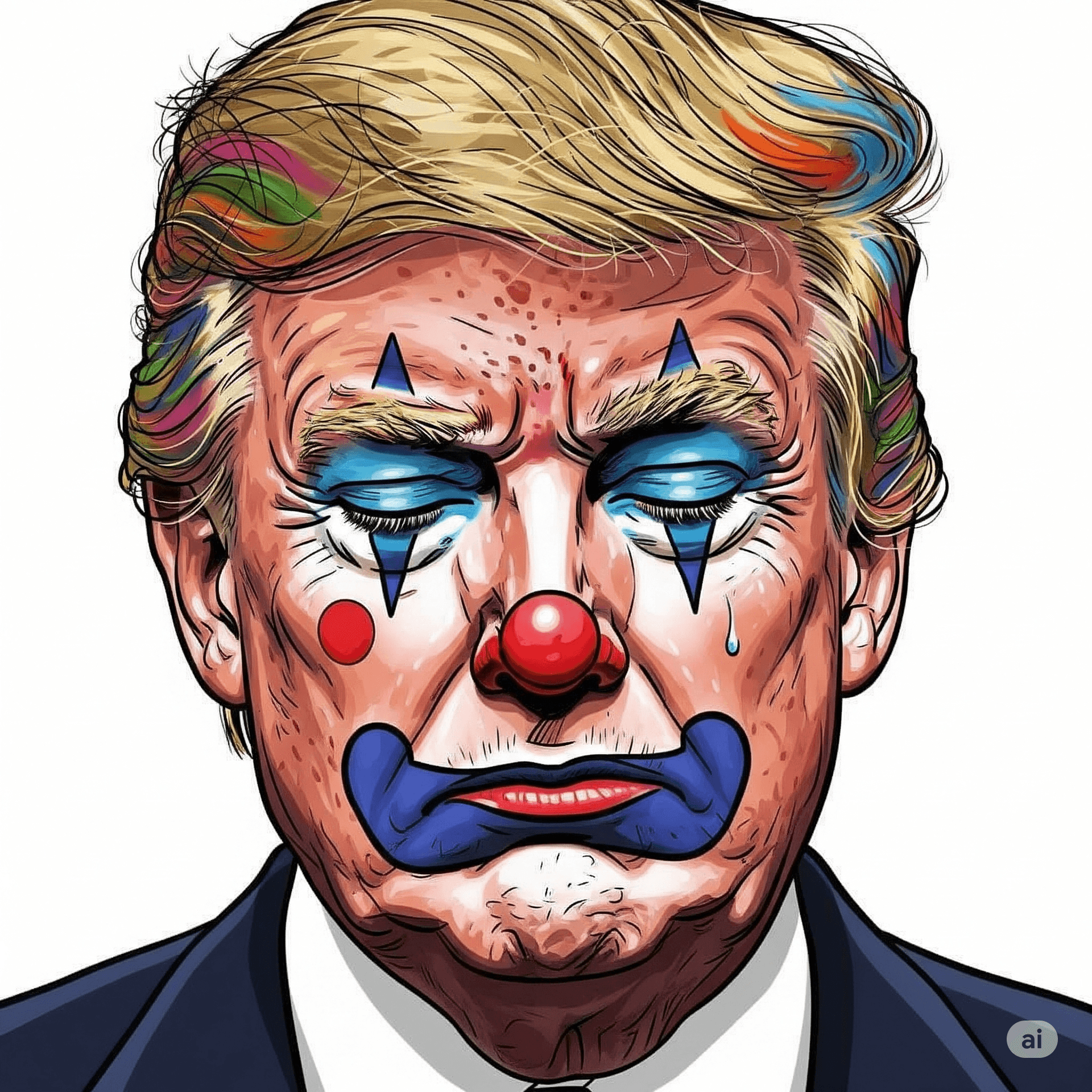 AI generated: A drawing of Donald Trump, portrayed in a sad clown style, featuring exaggerated clown makeup across...