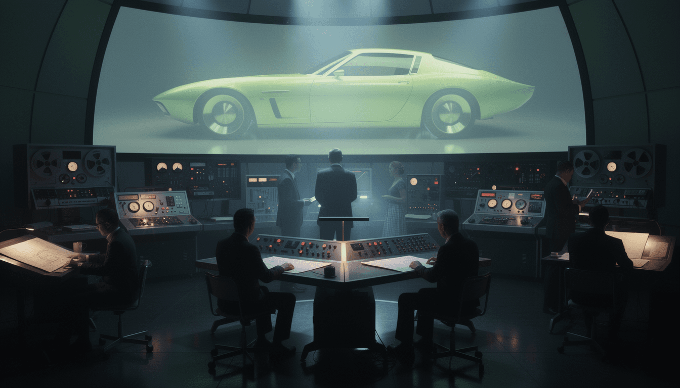 AI generated: Retro-futuristic 1960s concept car design studio, large curved projection screen displaying a glowin...