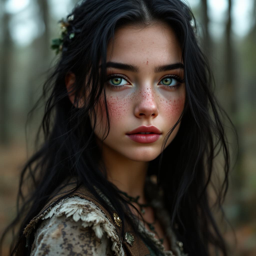 AI generated: 20 year old black haired girl, long black hair, stunning green eyes, freckles. wearing vest and stan...