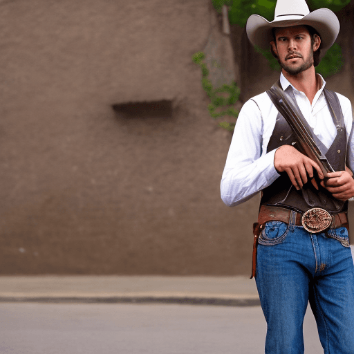AI generated: young handsome cowboy gunslinger standing in street ready for duel