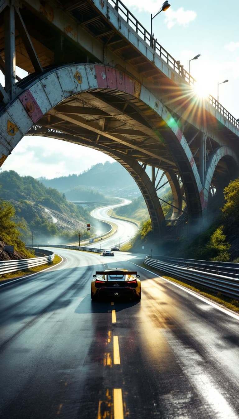 AI generated: Summer.  The Convex Bridge over which the race track runs was destroyed. Failure at the exit from th...