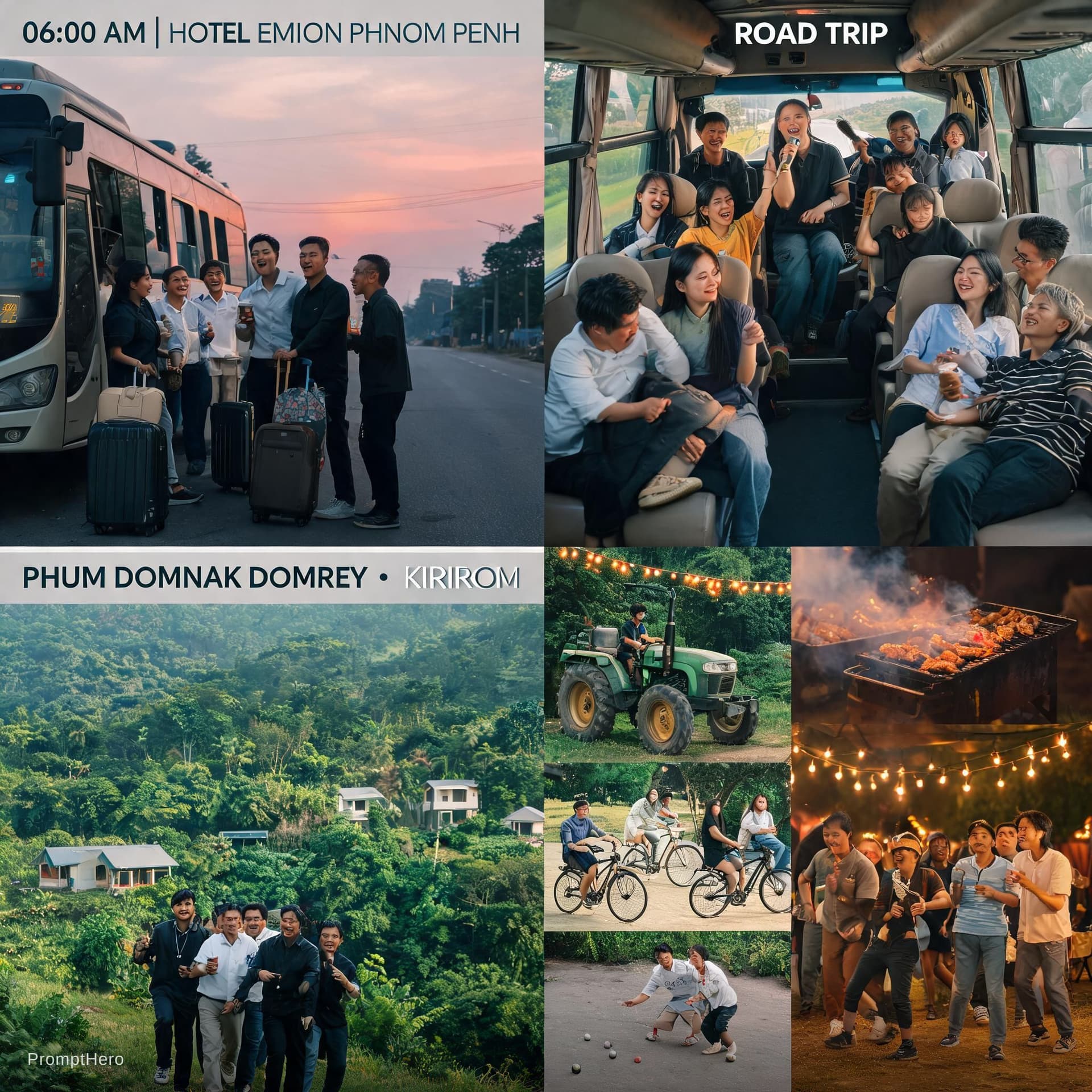 AI generated: Create a cinematic and emotional travel vlog for a hotel staff outing trip from Phnom Penh to Phum D...