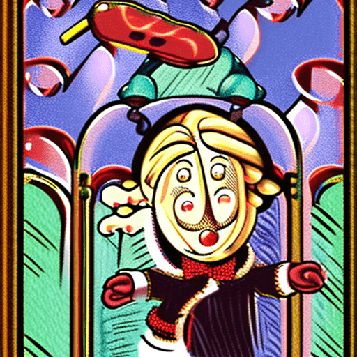 AI generated: Tiny Tim from a Christmas Carol floating in outer space surrounded by floating sausages. Drawn in an...
