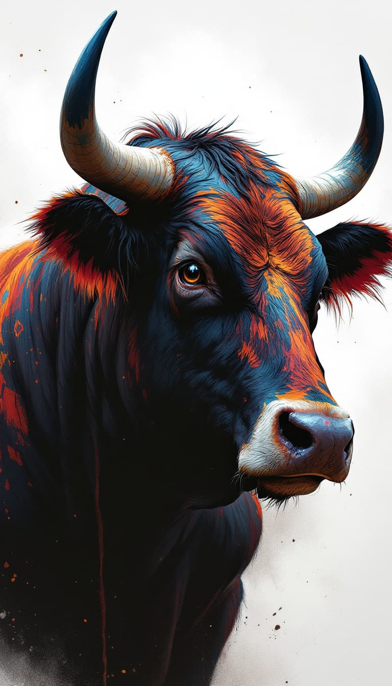 AI generated: series of a fighting bull with, modern portrait series of a nelore cattle in colorful wear, in the s...