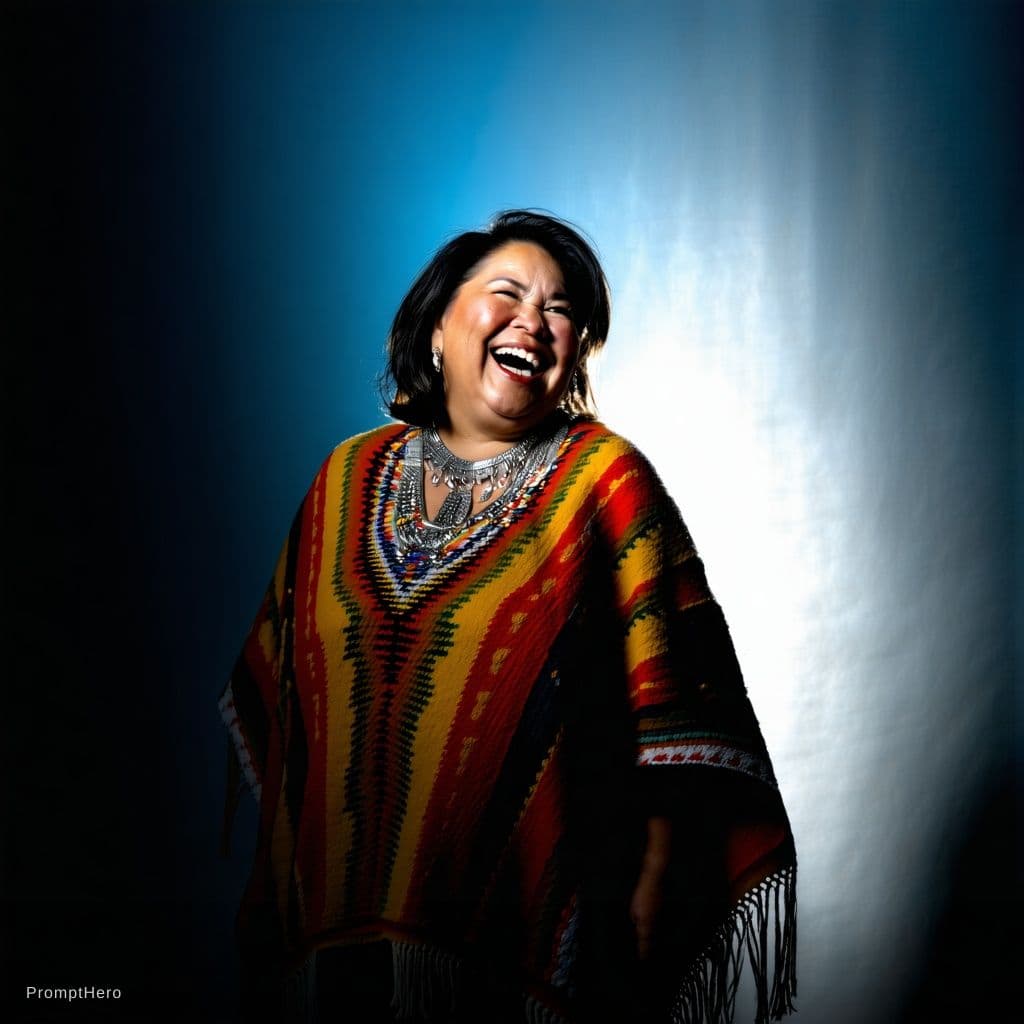 AI generated: dark background, dramatic light, backlight, rim lighting, (chubby:0.3), mexican woman 44yo, laughing...