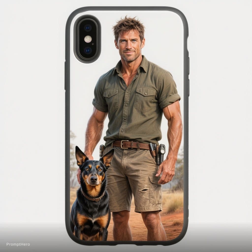 AI generated: Create a striking, realistic illustration for a men's phone case, featuring an Australian man with h...