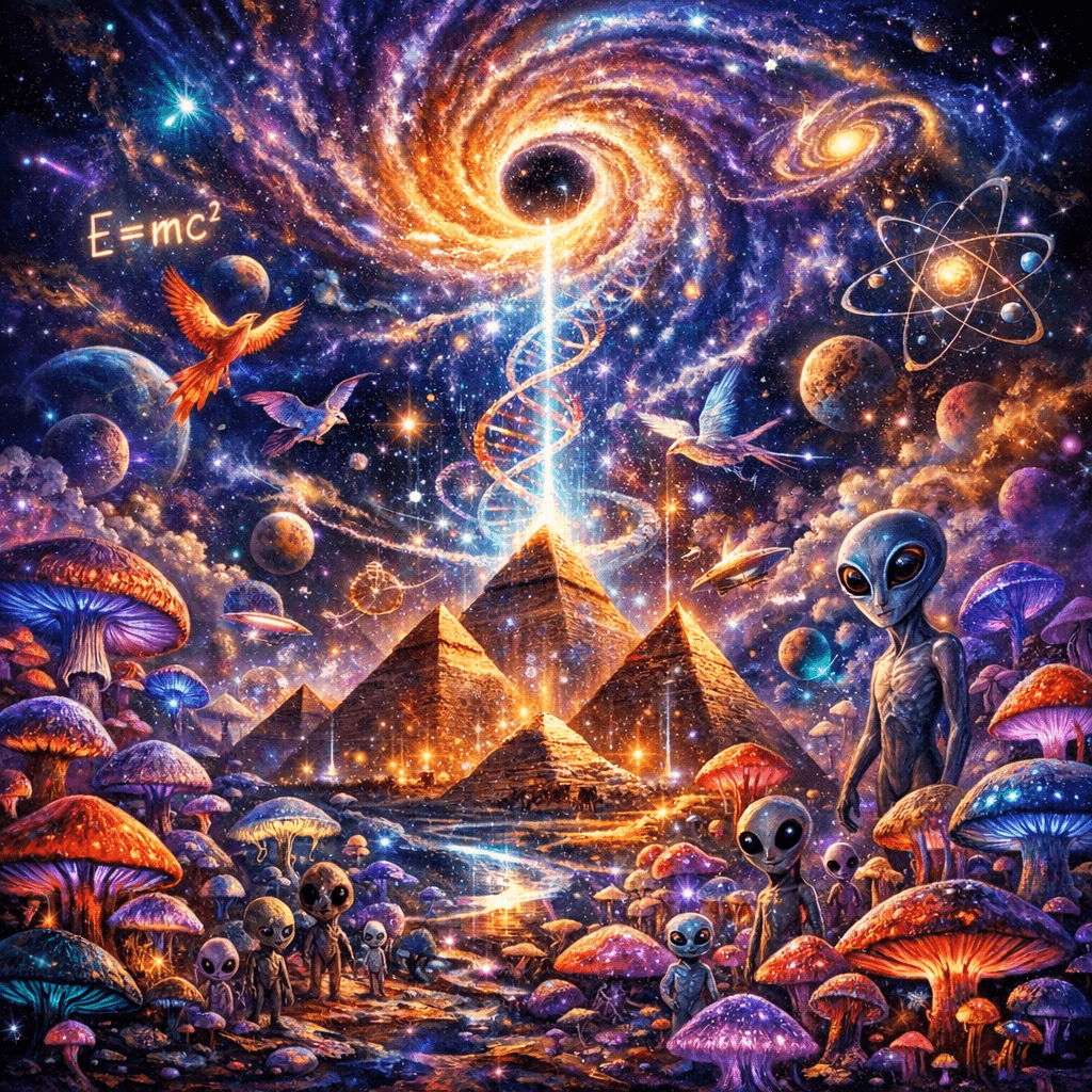 AI generated: a psychedelic, surreal fractal fantasy made from the energy of the universe. Evolving from pyramids ...