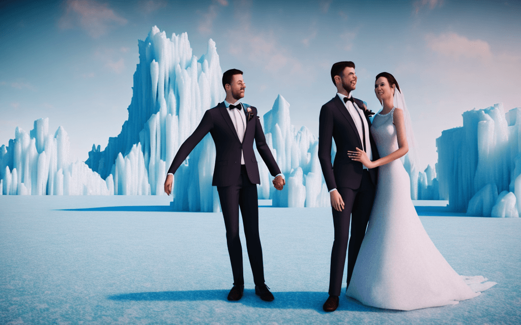 AI generated: photorealistic full shot of a wedding couple in antactica,cinematic,sourounded my ice mountains 8k ,...