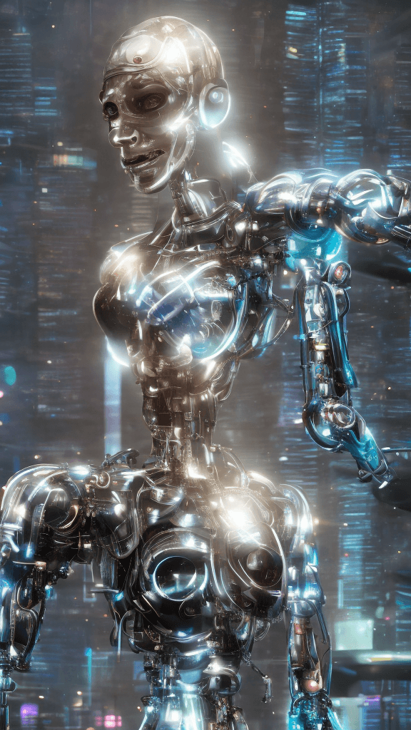 AI generated: a cyborg human made from robotic parts, a blend of human skin and mechanical components, illuminated...