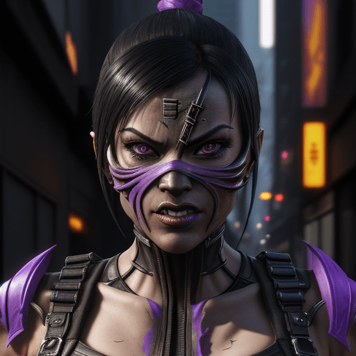 AI generated: Mortal Kombat Mileena, cyberpunk, outdoor, street, purple, hyperrealism, photorealistic, 8k, unreal ...