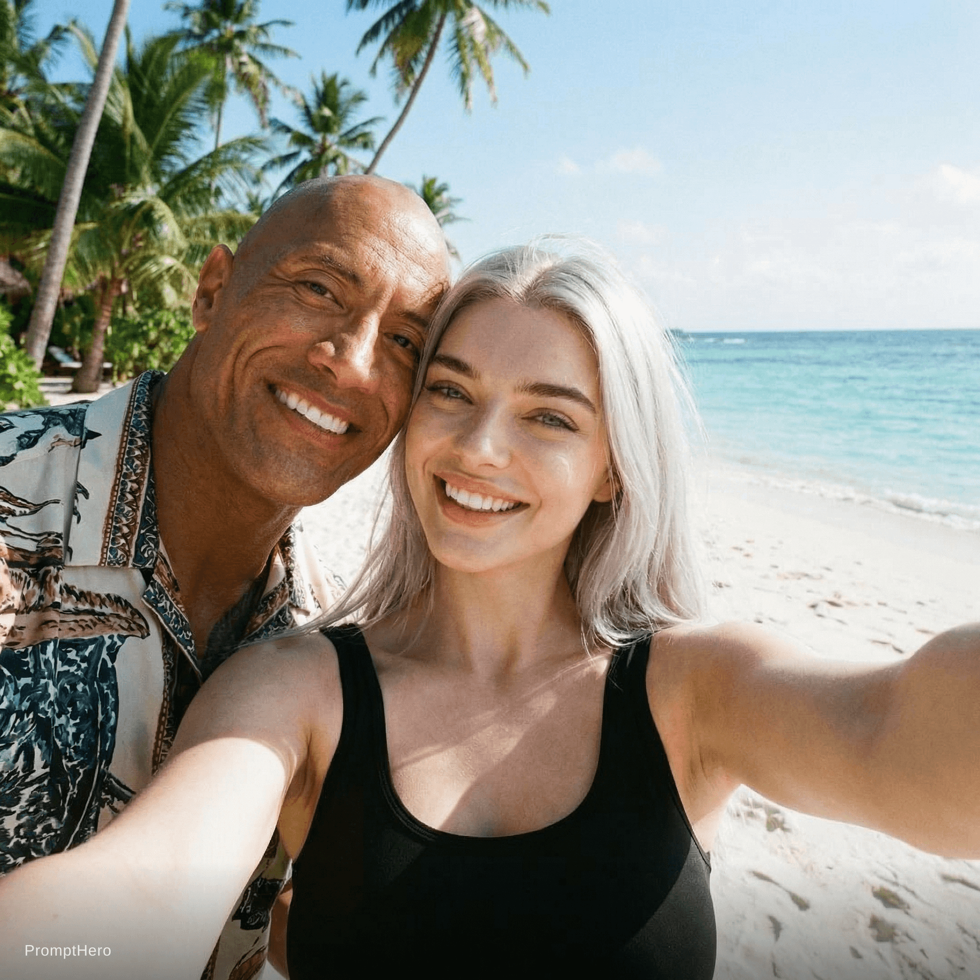 AI generated: with Dwayne Johnson at a tropical beach, sunny day, both smiling