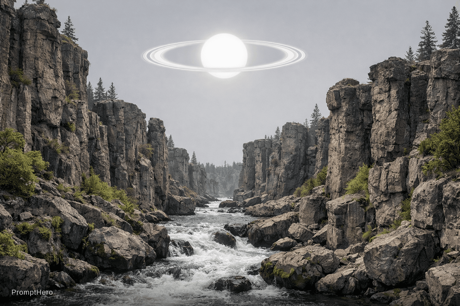 AI generated: a scenic landscape of pillared rocks and river running through them but the sky has a more grey colo...