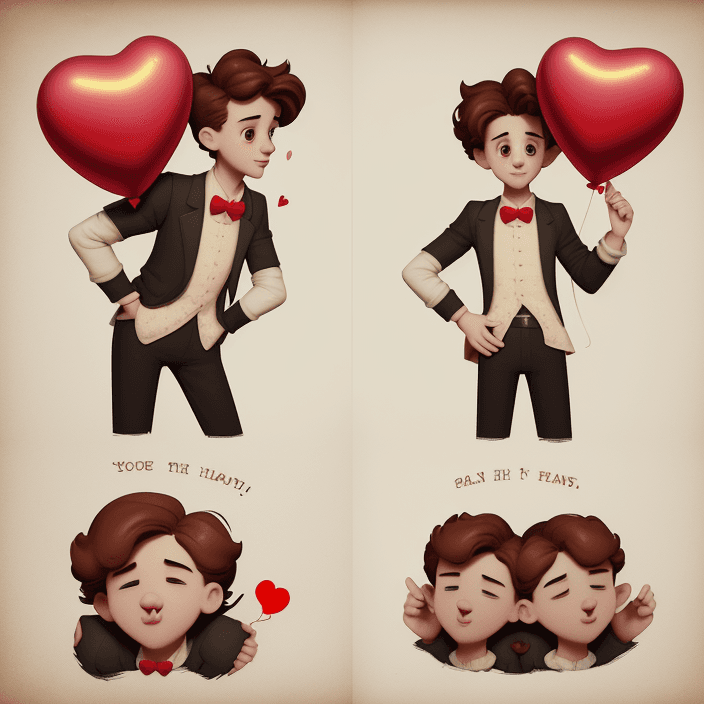 AI generated: a poster depicts a boy holding a heart shaped balloon, in the style of sketchfab, poodlepunk, warm t...
