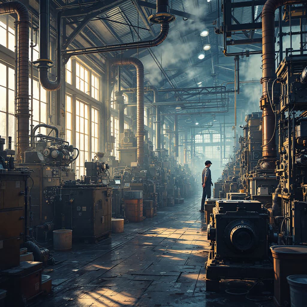 AI generated: anime artwork In the photo we see a old factory and production of old camera's: Cinematic photo, Bes...