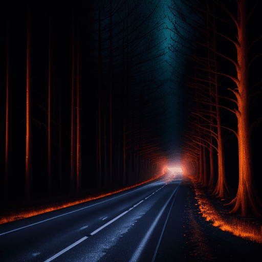 AI generated:  A brightly lit highway in the middle of huge dead trees of light, sparkling colors, a thin foggy ni...