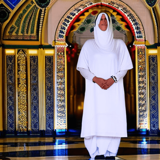 AI generated:  full body shot a woman wearing a white tunic , the head covered, standing in palace hall