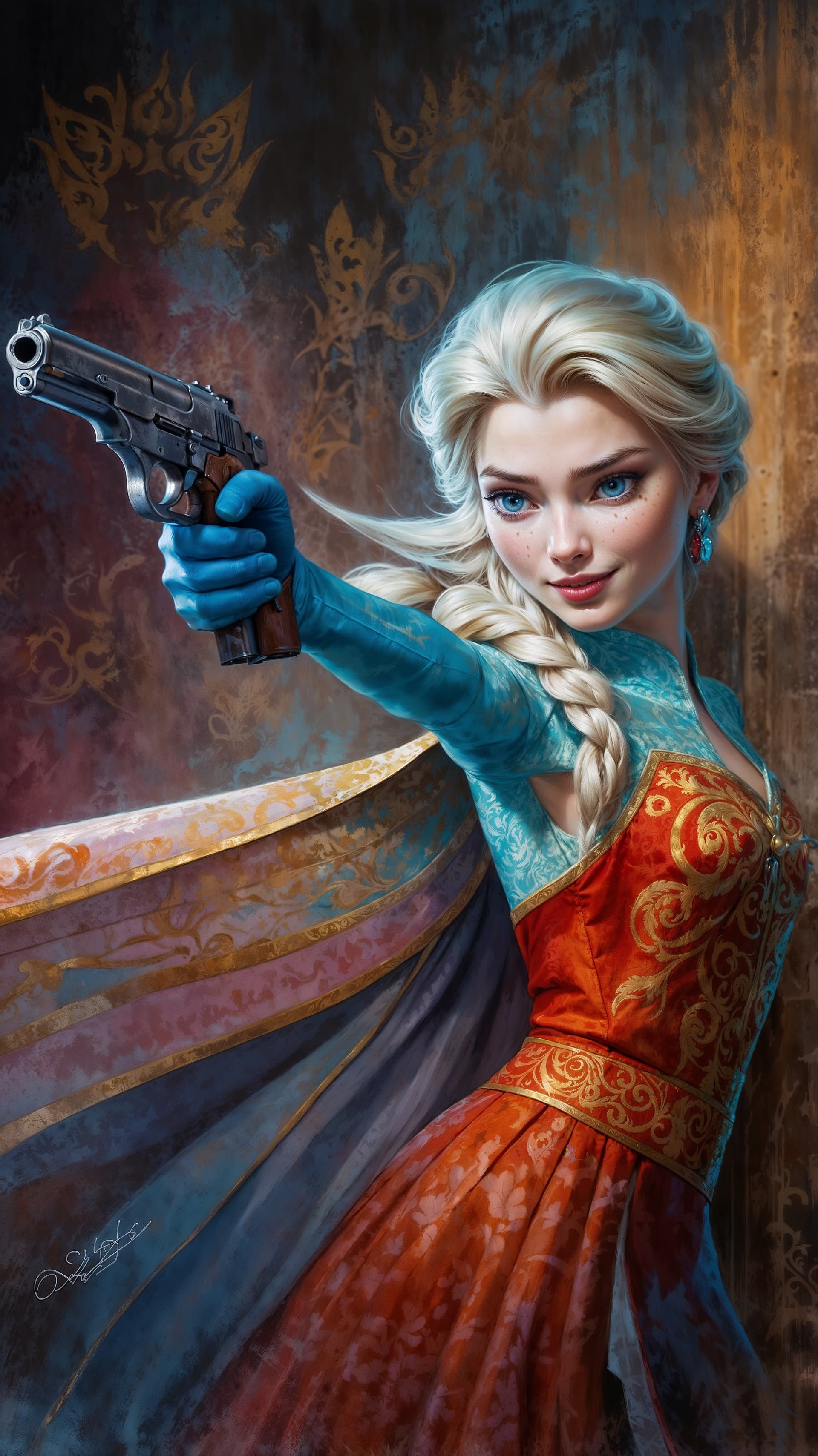 AI generated: A mesmerizing and dynamic painting of Elsa transformed into a fierce femme fatale, holding a pair of...
