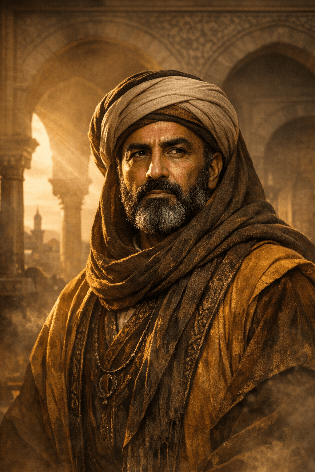 AI generated: Epic cinematic portrait of Ibn Khaldun (Ibn Jaldún), 14th-century Arab historian and philosopher, po...