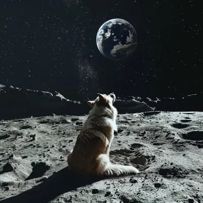 AI generated video: A dog on the moon turns it's head towards the camera, then back and looks up  