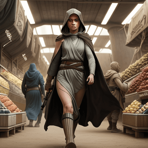 AI generated: A serious and brave female jedi walking through a market in Tatooine, wearing a hooded robe, --ar 4:...