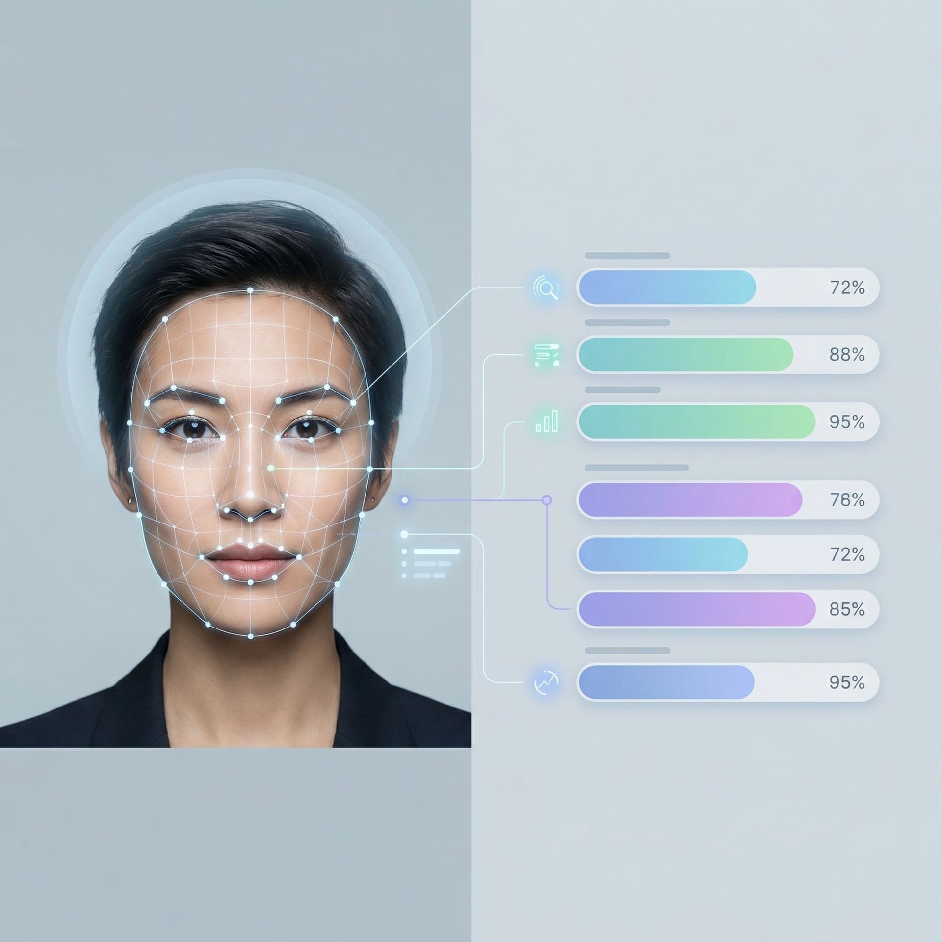 AI generated: Clean, modern illustration showing an AI analyzing a human face. 
A realistic portrait photo on the ...