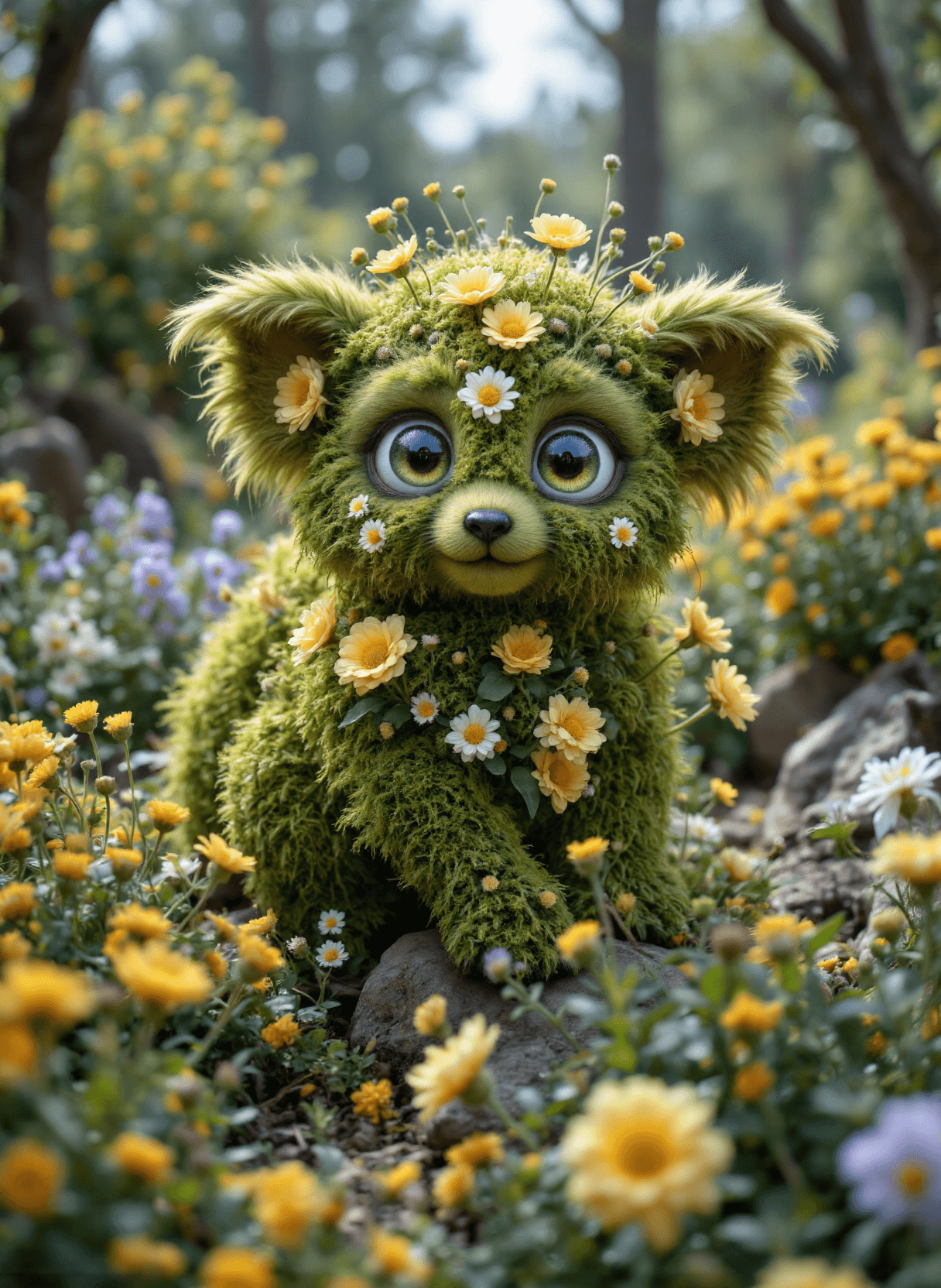 AI generated: The image depicts a whimsical scene set in what appears to be a lush garden or forest clearing. At t...