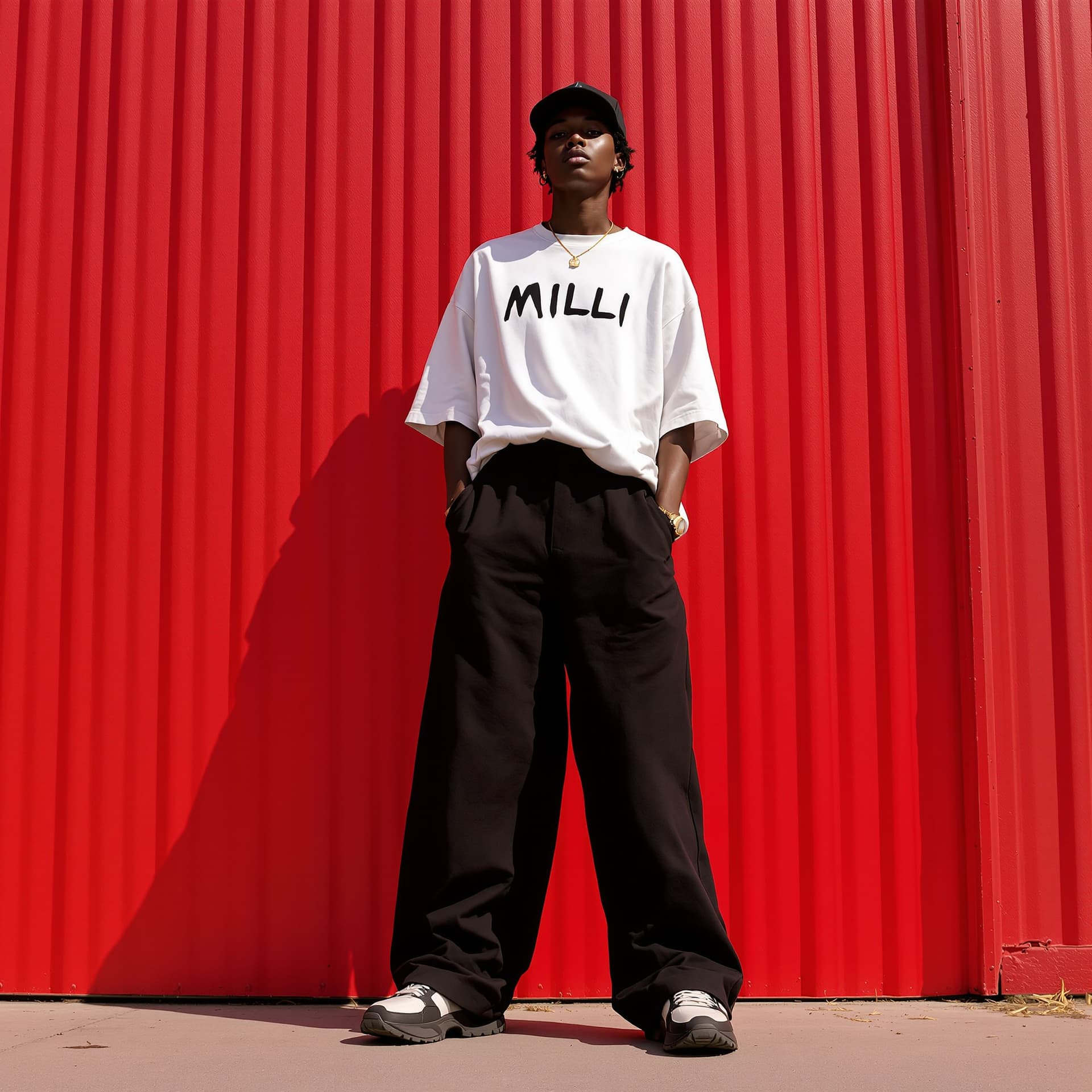 AI generated: capturing a casual yet stylish vibe, a figure in a loose, oversized black street wearing and wide-le...
