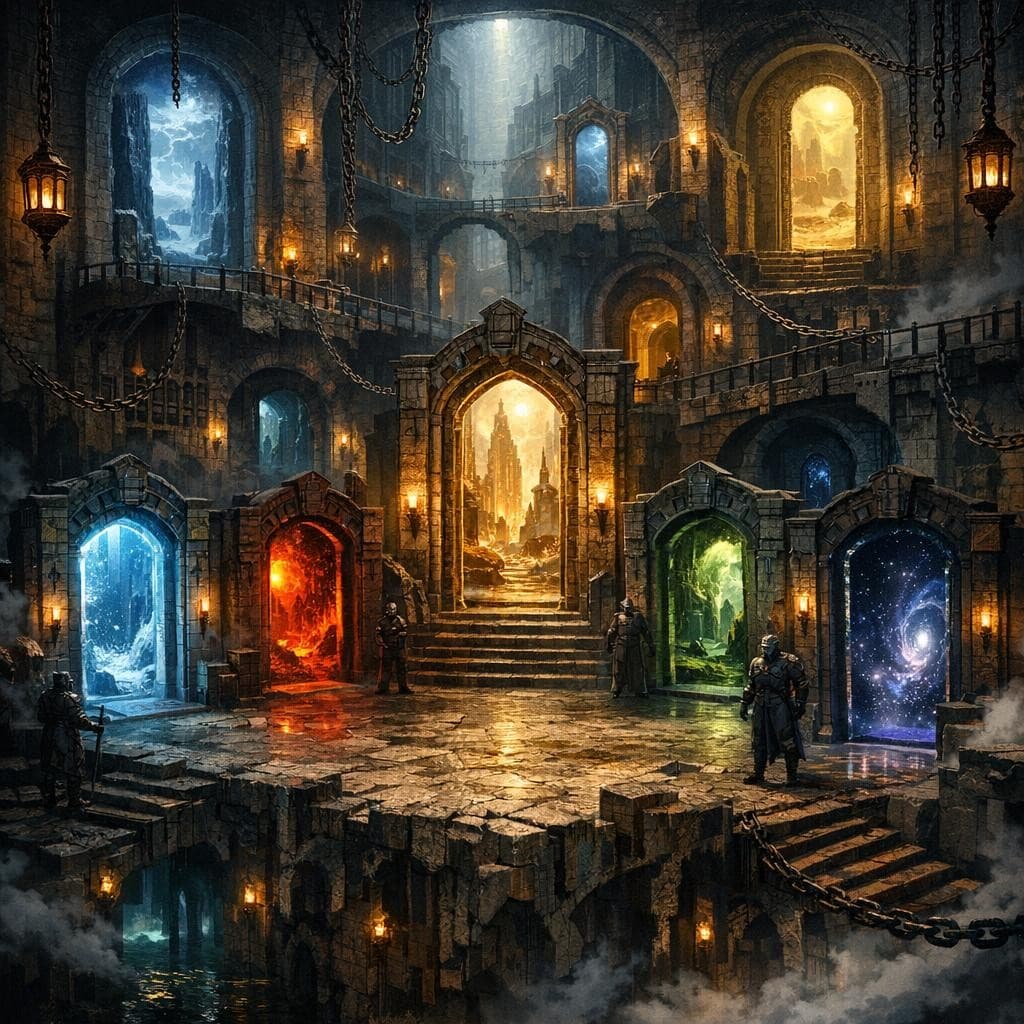 AI generated: Create a unique environment/Biome of a Prison→ The Threshold Nexus (doorways to everywhere)
