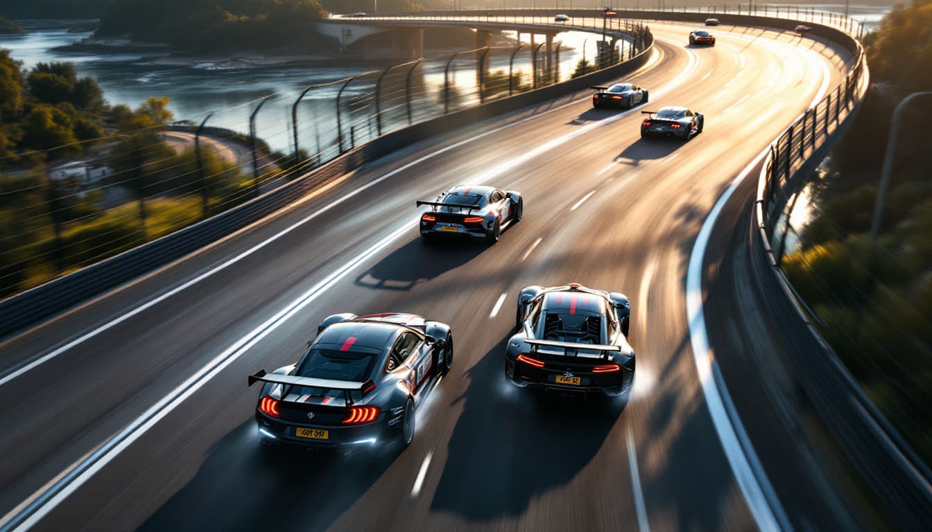 AI generated: The race track is well lit by sunlight. The track turns and passes over a bridge over a river, a few...