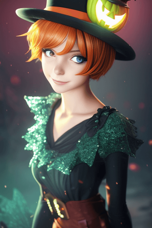 AI generated: The personification of the Halloween holiday in the form of a cute girl with short hair and a villai...