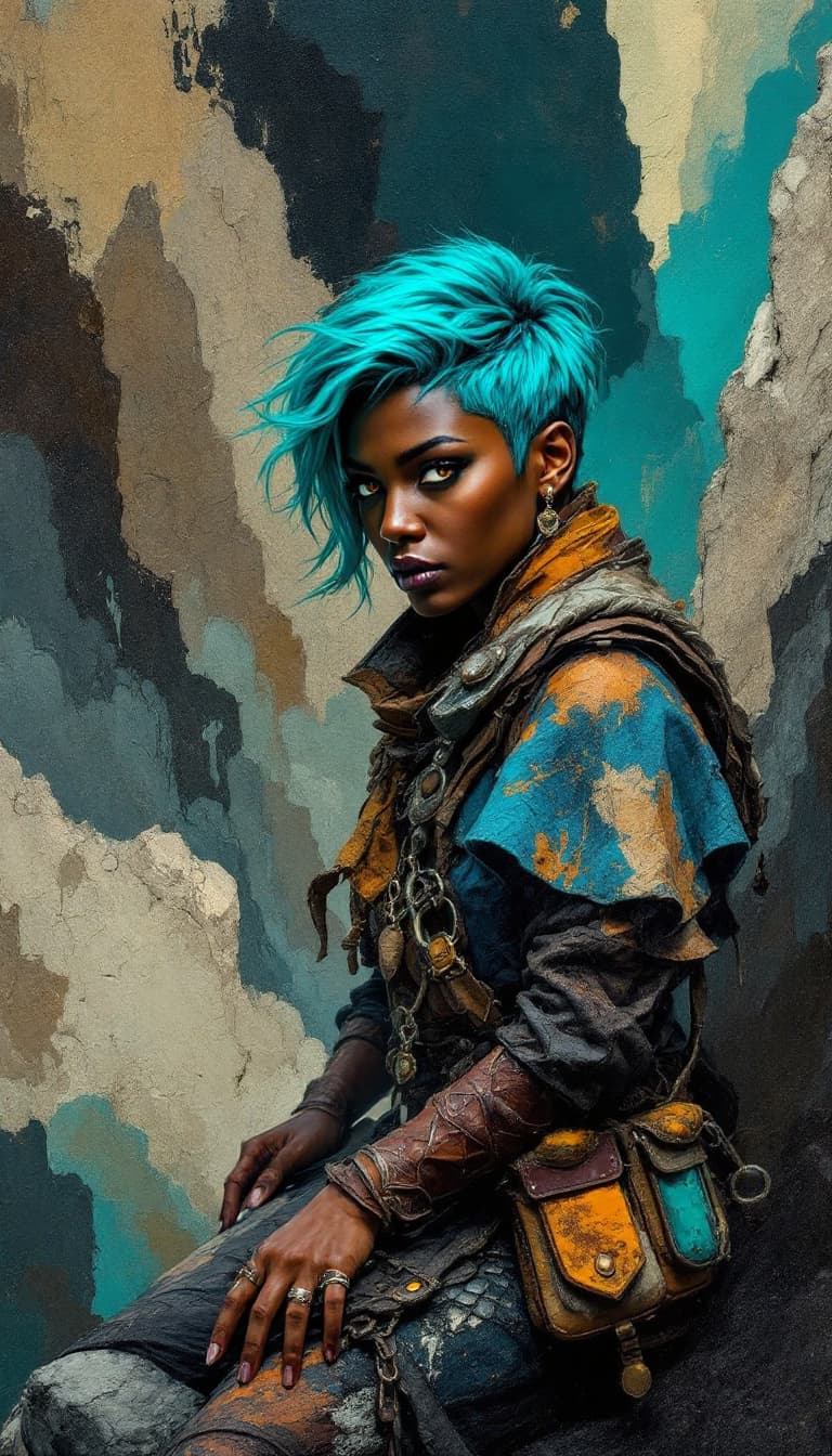 AI generated: "Turquoise Geomancer in a Landscape of Stone": A mesmerizing abstract painting presents a geomancer,...