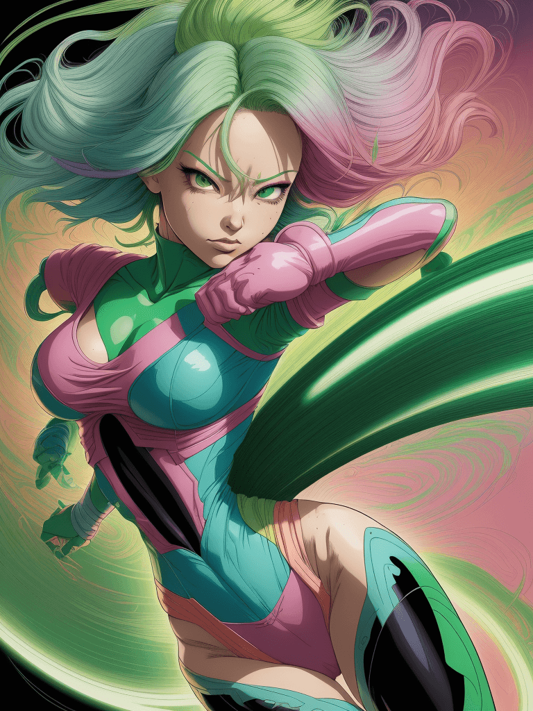 AI generated: a colorful woman with colorful hair, in the style of martin ansin, light green and light emerald, ak...