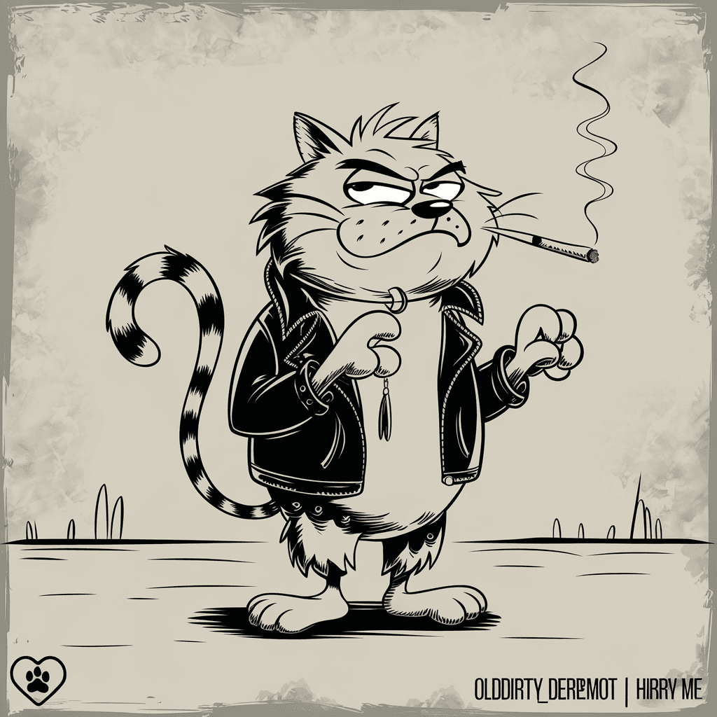 AI generated: , squinting expression, a cigarette dangling from its mouth with a curling smoke trail, and a scruff...