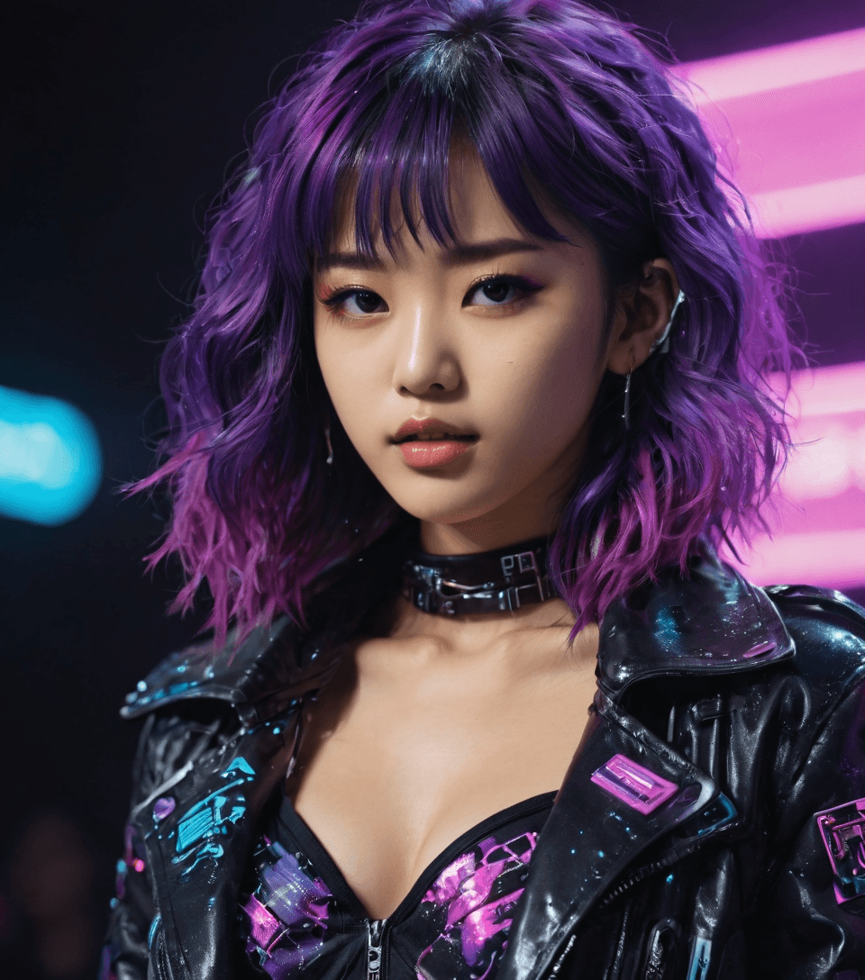 AI generated: neonpunk style {20-year-old Japanese pop idol, on stage, lively dance, singing, cute appearance, ene...