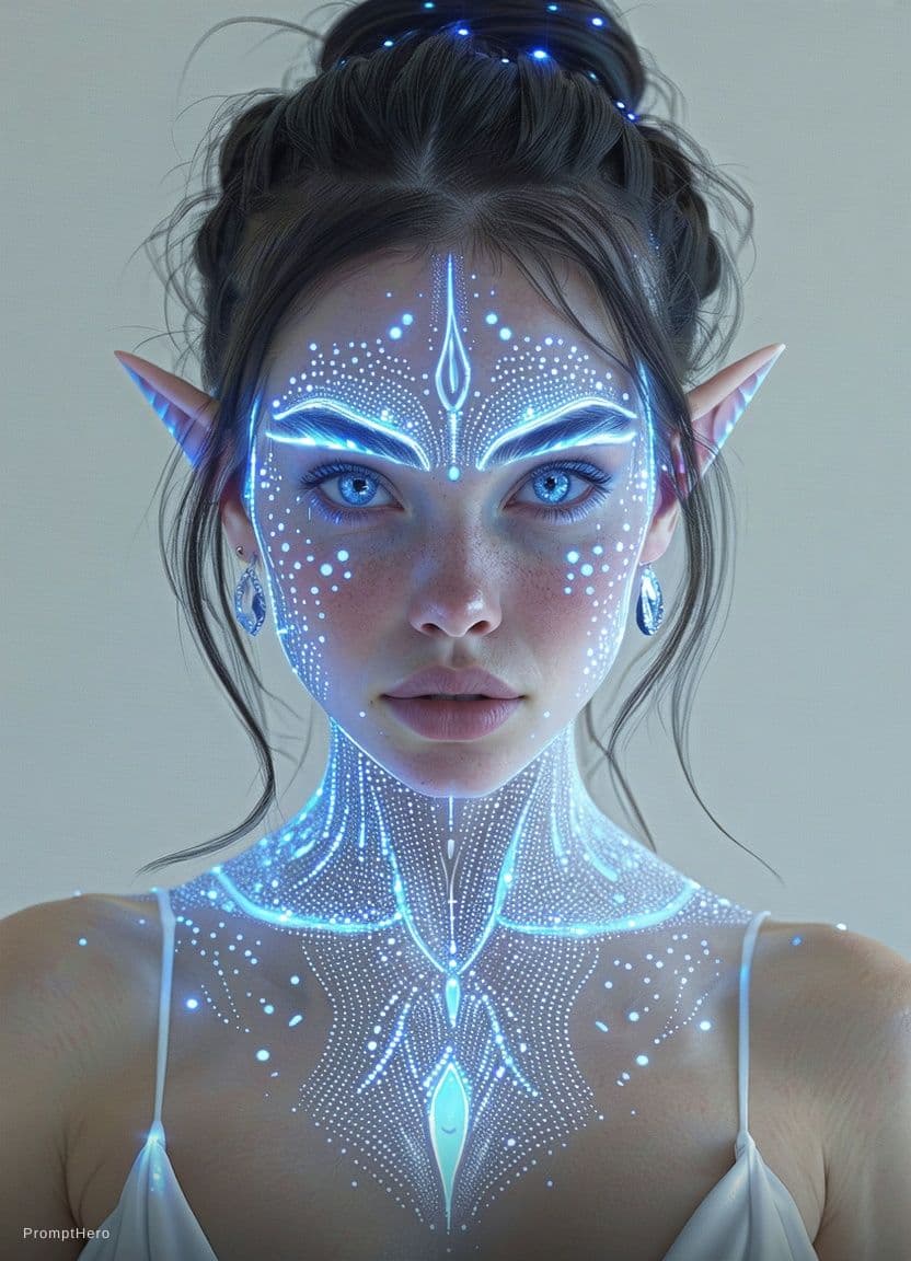 AI generated: blue humanoid avatar with bioluminescent avatar markings dots and patterns on their skin. Pointed el...