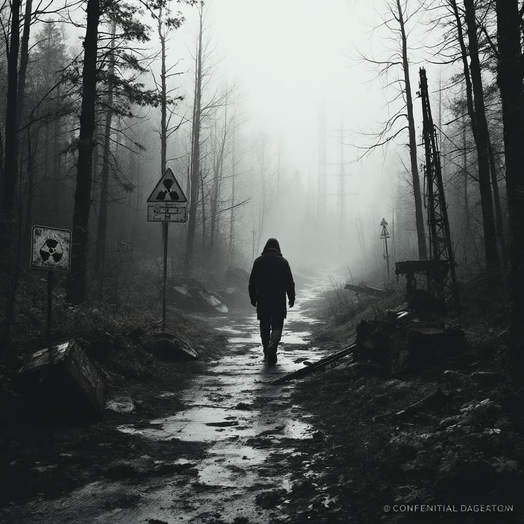 AI generated: a lone figure walking through a foggy abandoned forest with radioactive signs, fallen pylons and rus...