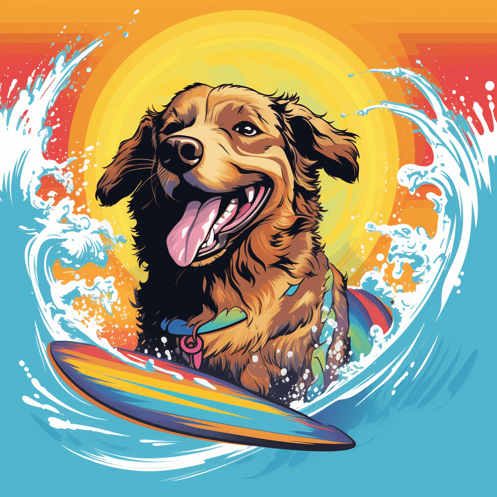 AI generated: UI retro illustration, happy dog, surfing, psychedelic watercolor, vibrant color palette, Tertiary C...