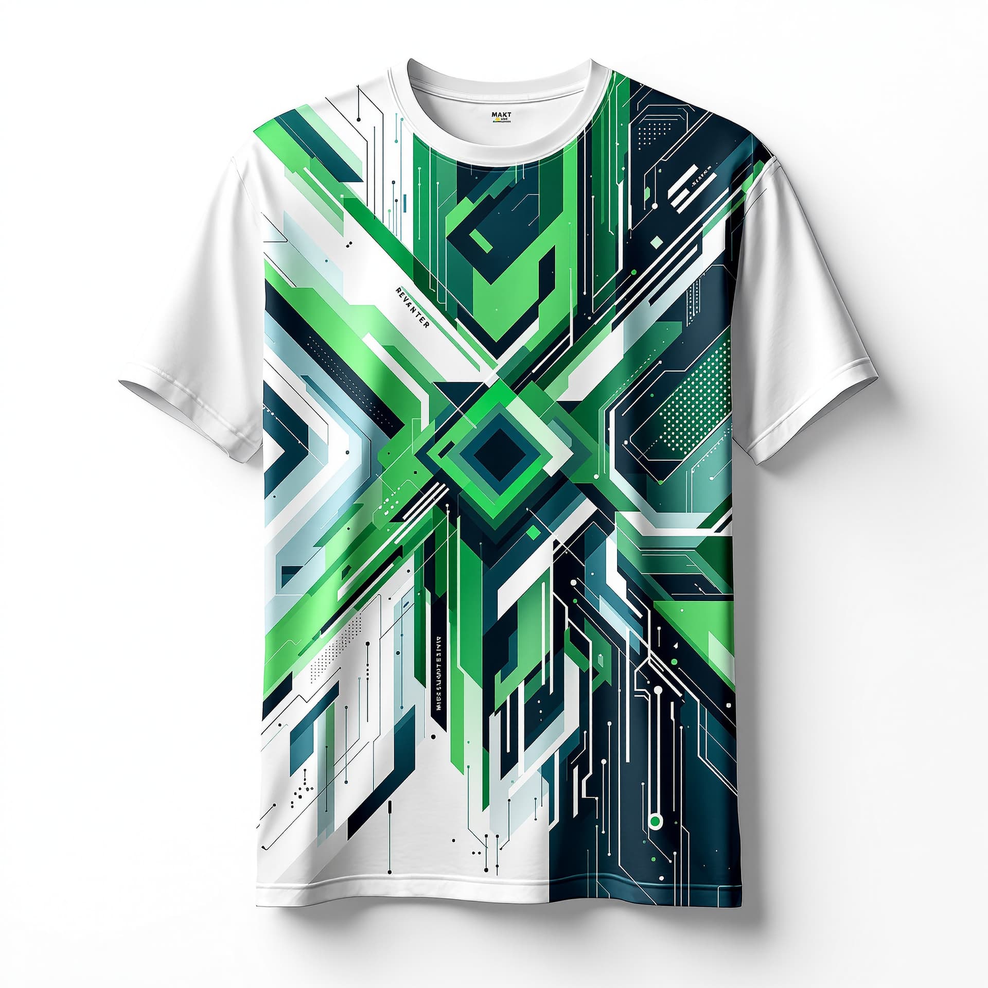 AI generated: White t-shirt on white backdrop. Large centered vector geometric design using green, white, and blue...