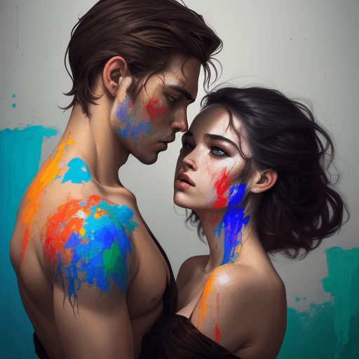 AI generated: an painting on the canvas of a woman and man in colorful tones, in the style of martin ansin, cracke...