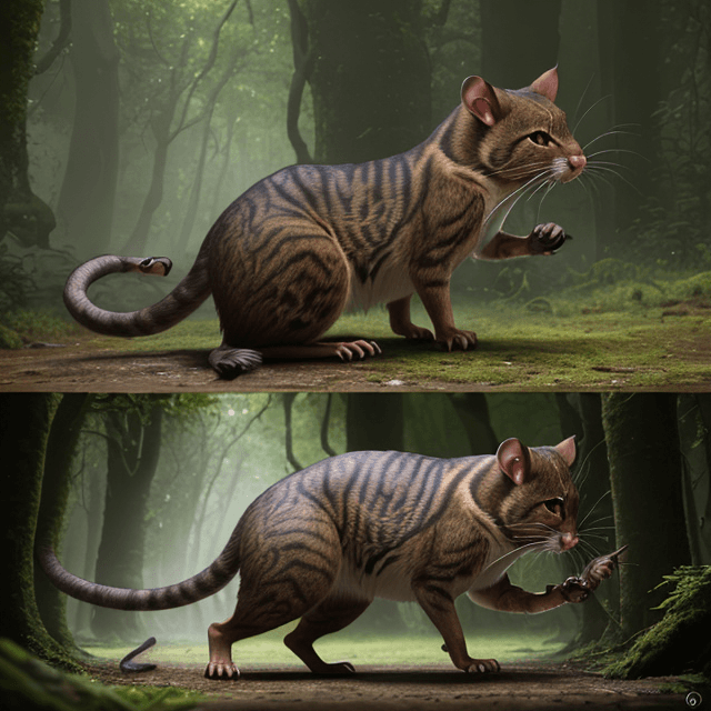 AI generated: side view of a nice, wise, giant brown cat fighting rat in a prehistoric forest,  side view, 8k