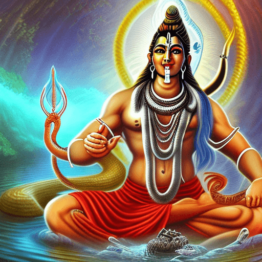 AI generated: A cartoon realistic god shiva is meditating under the water with strong muscles. And a cobra snake a...