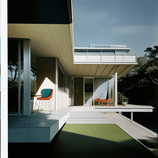 AI generated: Hyper realistic eye level exterior photo of a mid century modern style house overlooking the ocean, ...